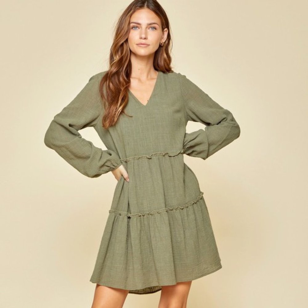 Women's Olive Mini Tiered Long Sleeve Dress